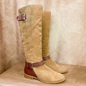 Suede Calf High Boots Studded Leather Buckle Brown Western Boho Festival Y2K